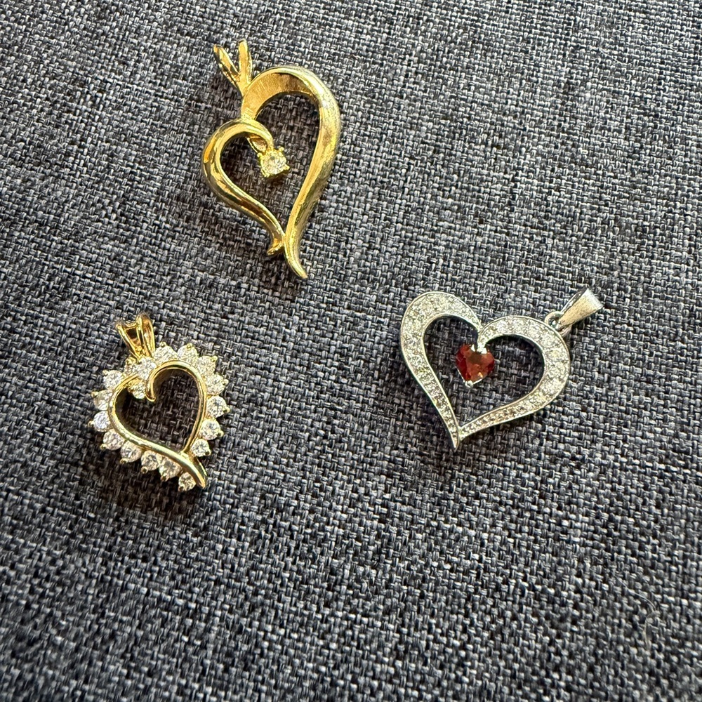 Set Of 3 VTG 90’s 925 Sterling Silver Heart Necklaces Pendants W/ Rhinestones